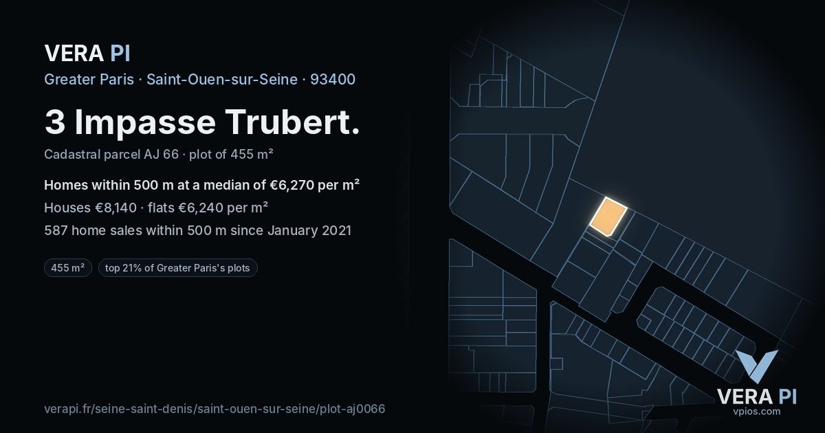 3 Impasse Trubert, Saint-Ouen-sur-Seine at night – the plot lit, the parcels around coloured by the prices near them