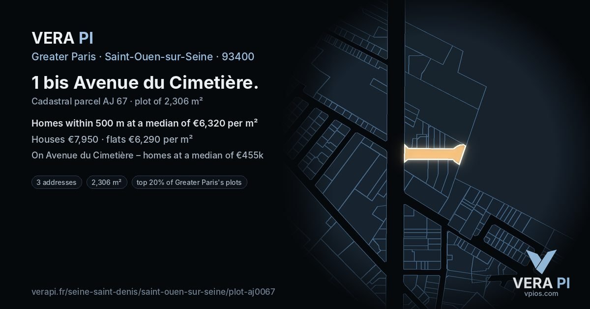 1 bis Avenue du Cimetière, Saint-Ouen-sur-Seine at night – the plot lit, the parcels around coloured by the prices near them