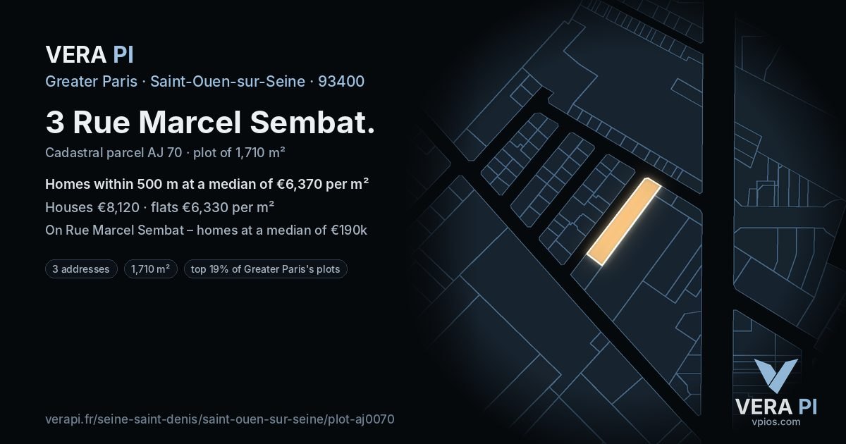 3 Rue Marcel Sembat, Saint-Ouen-sur-Seine at night – the plot lit, the parcels around coloured by the prices near them