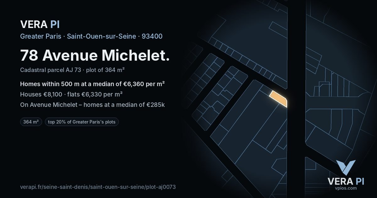 78 Avenue Michelet, Saint-Ouen-sur-Seine at night – the plot lit, the parcels around coloured by the prices near them
