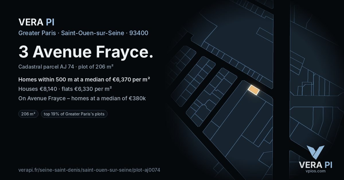 3 Avenue Frayce, Saint-Ouen-sur-Seine at night – the plot lit, the parcels around coloured by the prices near them