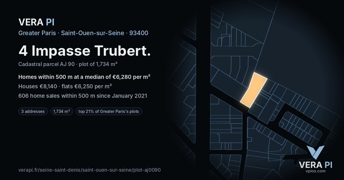 4 Impasse Trubert, Saint-Ouen-sur-Seine at night – the plot lit, the parcels around coloured by the prices near them