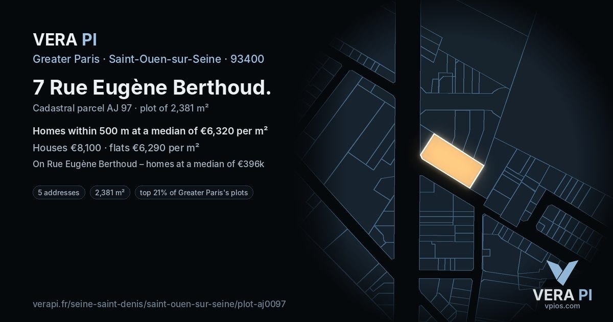 7 Rue Eugène Berthoud, Saint-Ouen-sur-Seine at night – the plot lit, the parcels around coloured by the prices near them