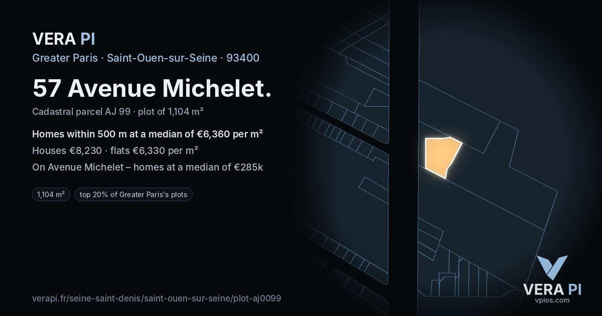 57 Avenue Michelet, Saint-Ouen-sur-Seine at night – the plot lit, the parcels around coloured by the prices near them