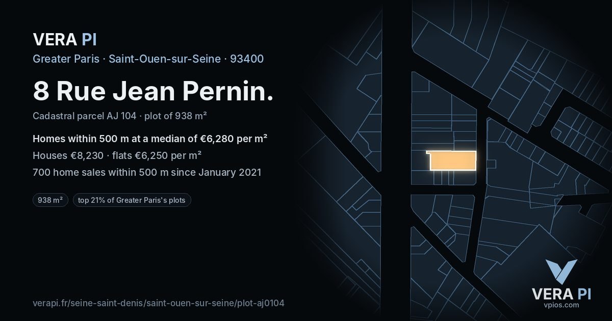 8 Rue Jean Pernin, Saint-Ouen-sur-Seine at night – the plot lit, the parcels around coloured by the prices near them