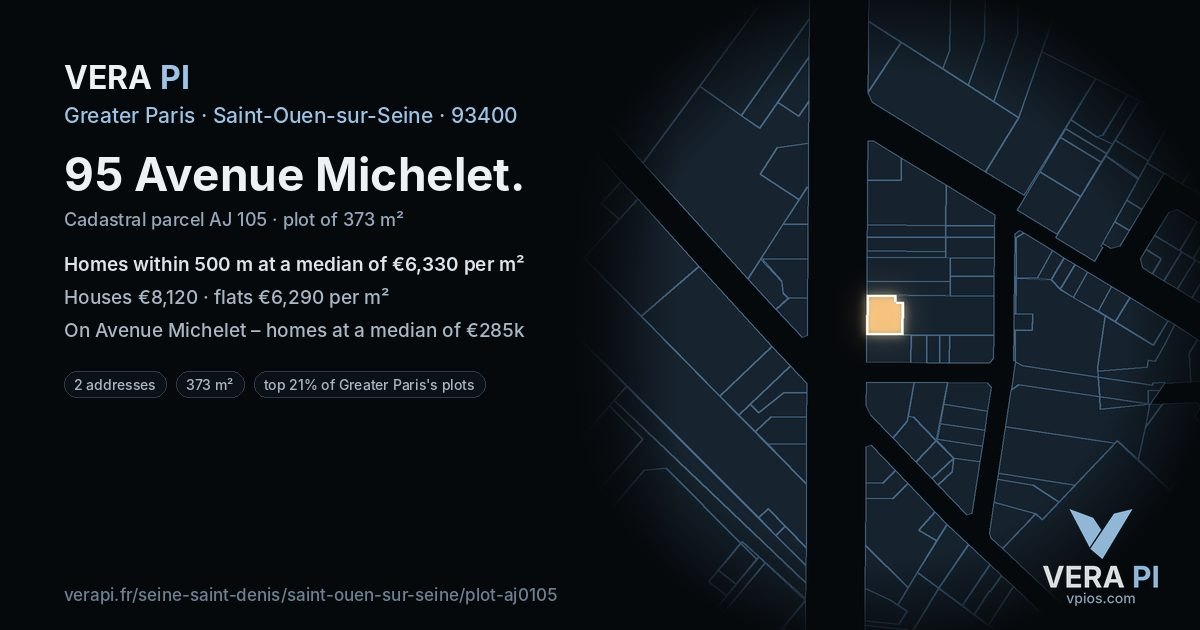 95 Avenue Michelet, Saint-Ouen-sur-Seine at night – the plot lit, the parcels around coloured by the prices near them