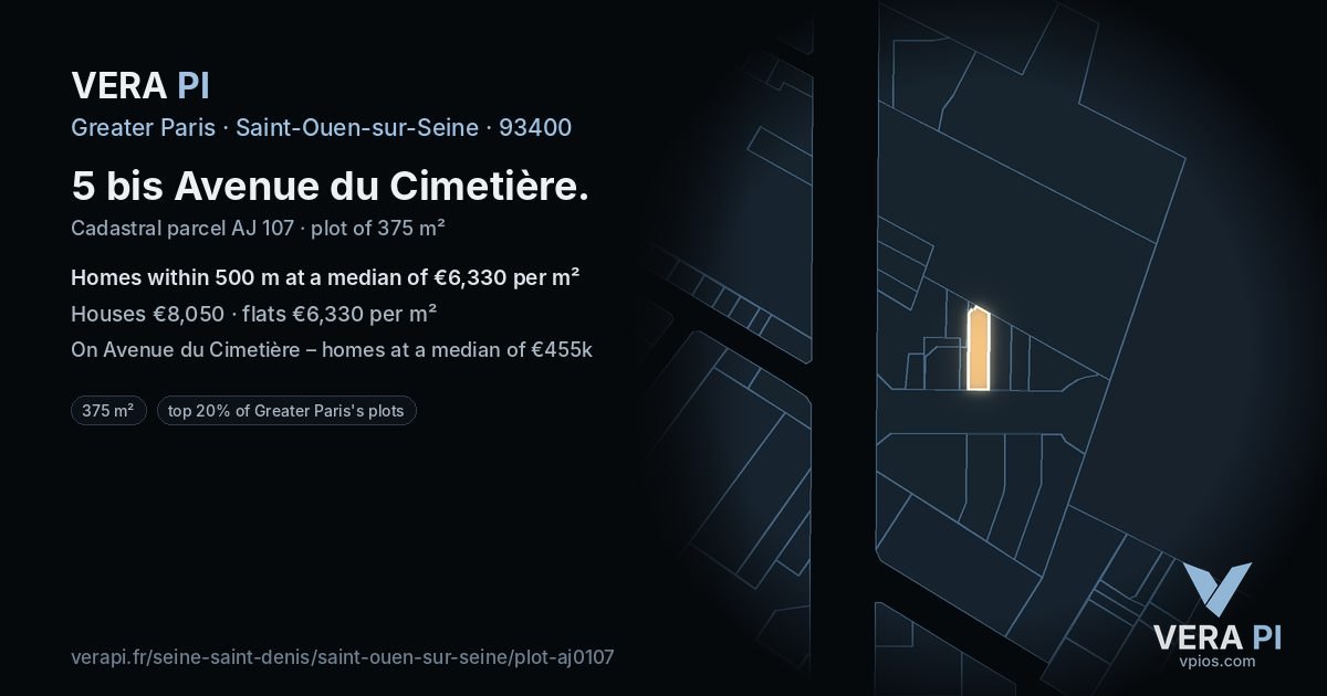 5 bis Avenue du Cimetière, Saint-Ouen-sur-Seine at night – the plot lit, the parcels around coloured by the prices near them