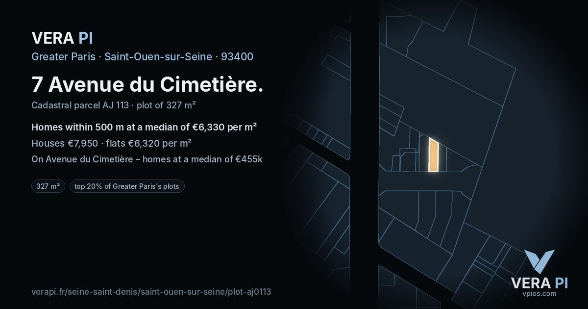 7 Avenue du Cimetière, Saint-Ouen-sur-Seine at night – the plot lit, the parcels around coloured by the prices near them