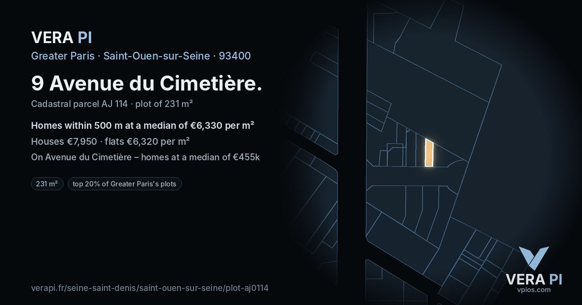 9 Avenue du Cimetière, Saint-Ouen-sur-Seine at night – the plot lit, the parcels around coloured by the prices near them