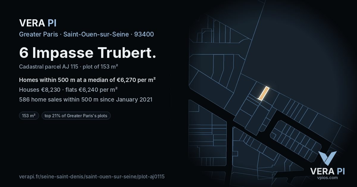 6 Impasse Trubert, Saint-Ouen-sur-Seine at night – the plot lit, the parcels around coloured by the prices near them