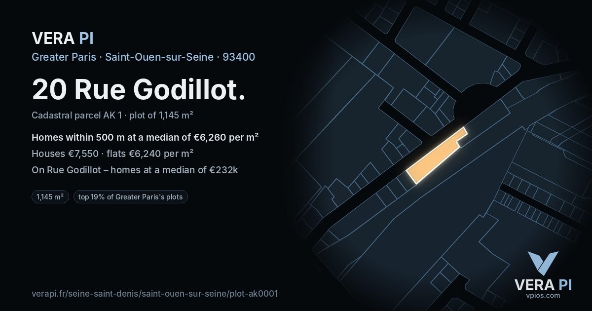 20 Rue Godillot, Saint-Ouen-sur-Seine at night – the plot lit, the parcels around coloured by the prices near them