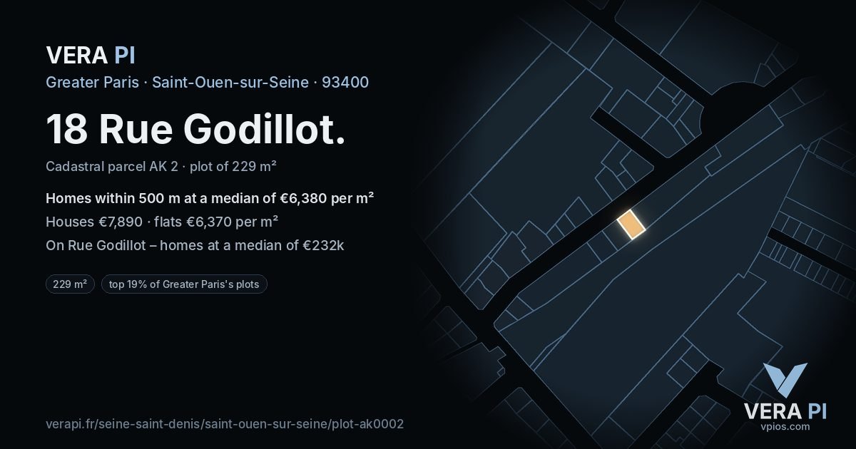 18 Rue Godillot, Saint-Ouen-sur-Seine at night – the plot lit, the parcels around coloured by the prices near them