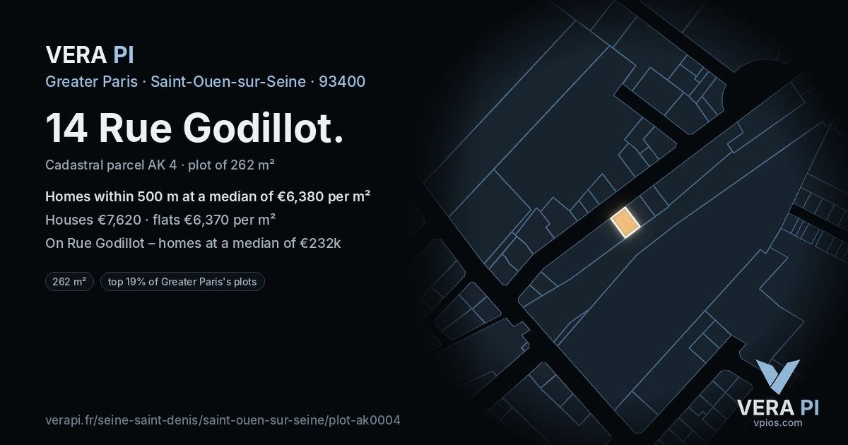 14 Rue Godillot, Saint-Ouen-sur-Seine at night – the plot lit, the parcels around coloured by the prices near them