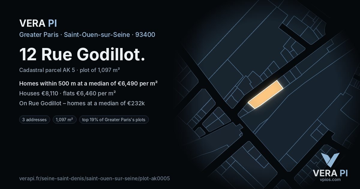 12 Rue Godillot, Saint-Ouen-sur-Seine at night – the plot lit, the parcels around coloured by the prices near them
