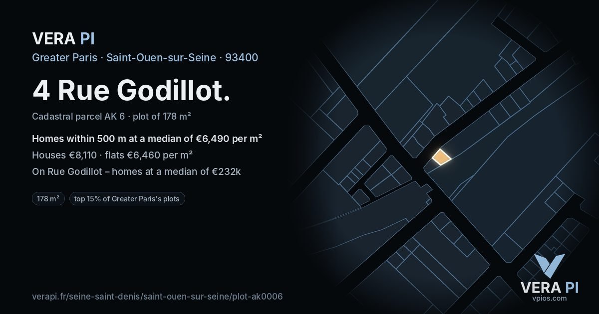 4 Rue Godillot, Saint-Ouen-sur-Seine at night – the plot lit, the parcels around coloured by the prices near them