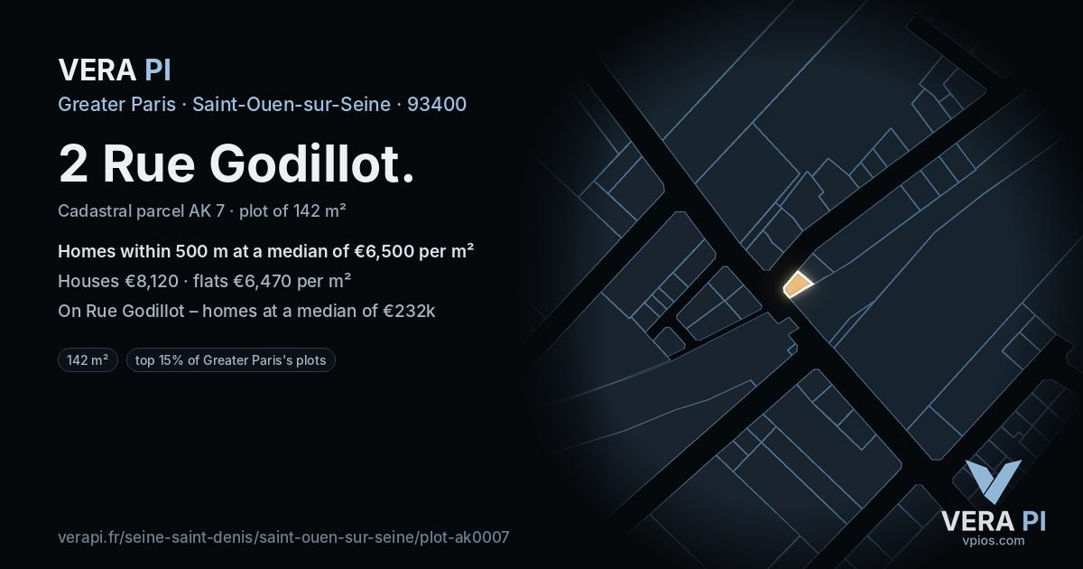 2 Rue Godillot, Saint-Ouen-sur-Seine at night – the plot lit, the parcels around coloured by the prices near them