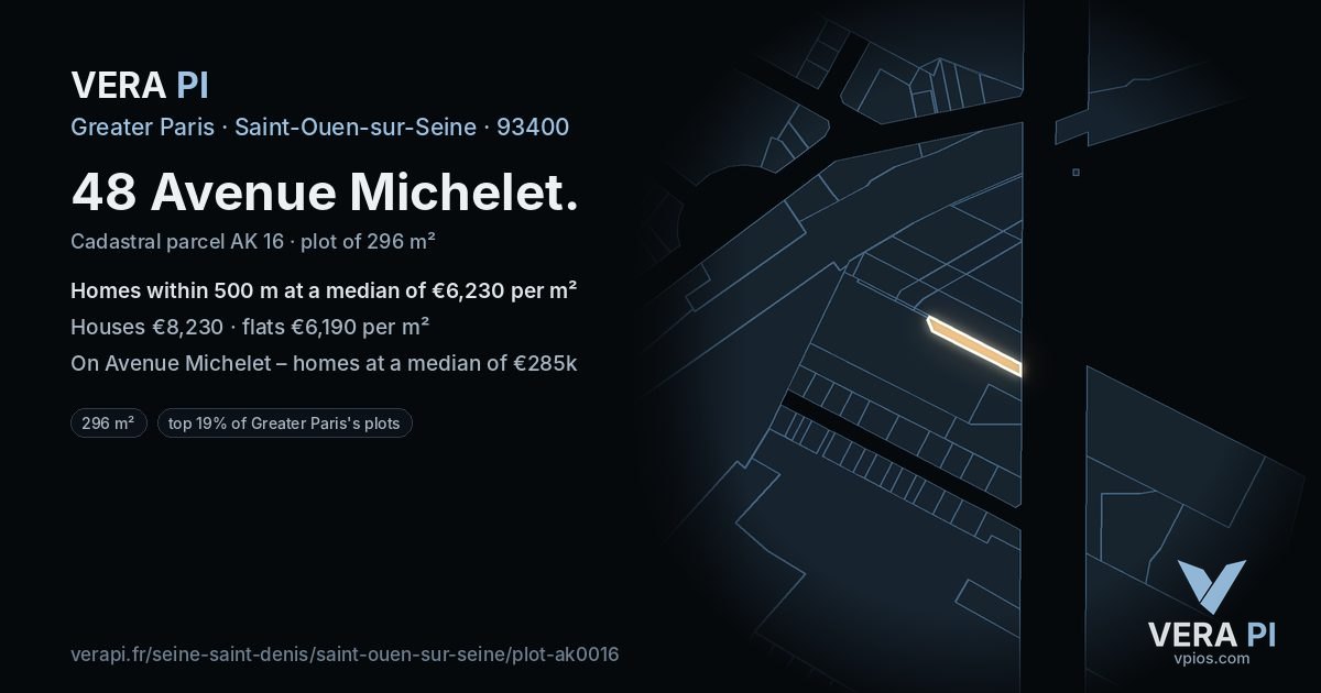 48 Avenue Michelet, Saint-Ouen-sur-Seine at night – the plot lit, the parcels around coloured by the prices near them