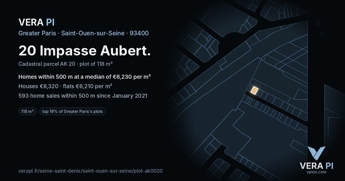 20 Impasse Aubert, Saint-Ouen-sur-Seine at night – the plot lit, the parcels around coloured by the prices near them