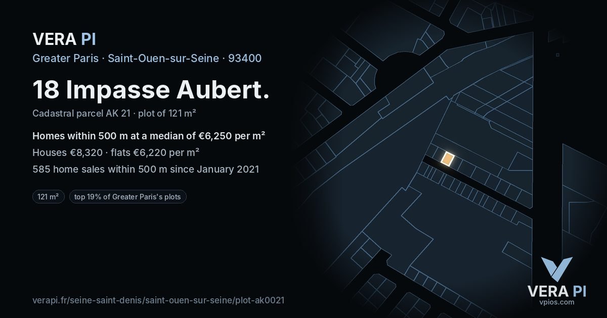 18 Impasse Aubert, Saint-Ouen-sur-Seine at night – the plot lit, the parcels around coloured by the prices near them