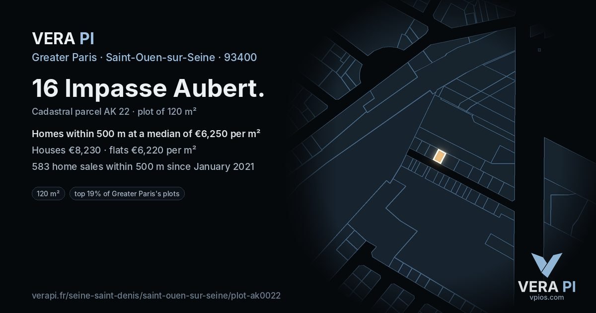 16 Impasse Aubert, Saint-Ouen-sur-Seine at night – the plot lit, the parcels around coloured by the prices near them