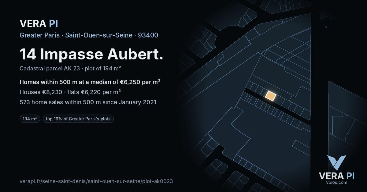 14 Impasse Aubert, Saint-Ouen-sur-Seine at night – the plot lit, the parcels around coloured by the prices near them