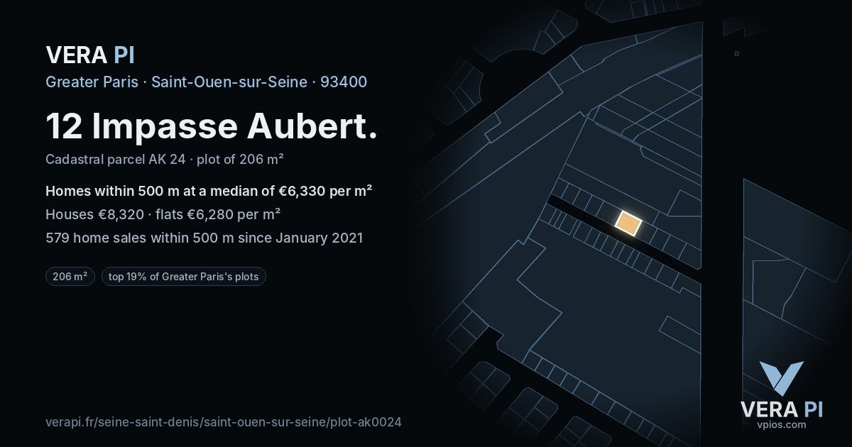 12 Impasse Aubert, Saint-Ouen-sur-Seine at night – the plot lit, the parcels around coloured by the prices near them