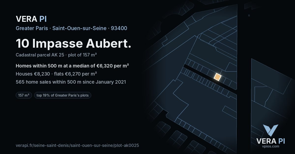 10 Impasse Aubert, Saint-Ouen-sur-Seine at night – the plot lit, the parcels around coloured by the prices near them