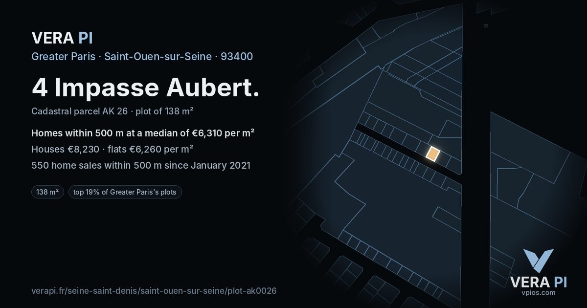 4 Impasse Aubert, Saint-Ouen-sur-Seine at night – the plot lit, the parcels around coloured by the prices near them