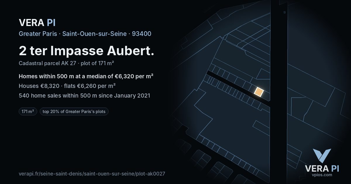 2 ter Impasse Aubert, Saint-Ouen-sur-Seine at night – the plot lit, the parcels around coloured by the prices near them