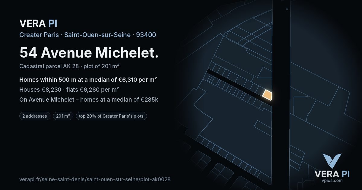 54 Avenue Michelet, Saint-Ouen-sur-Seine at night – the plot lit, the parcels around coloured by the prices near them