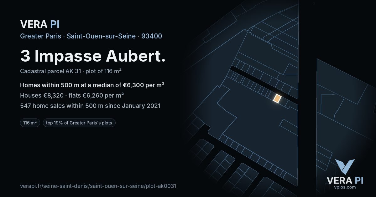 3 Impasse Aubert, Saint-Ouen-sur-Seine at night – the plot lit, the parcels around coloured by the prices near them