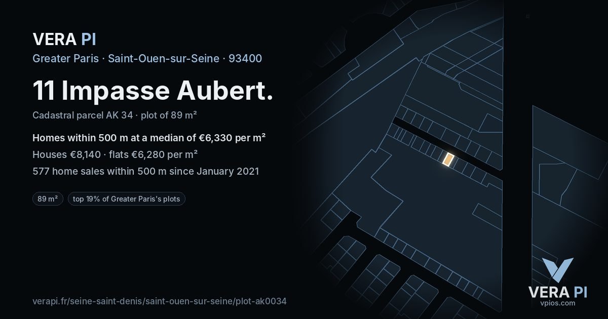11 Impasse Aubert, Saint-Ouen-sur-Seine at night – the plot lit, the parcels around coloured by the prices near them