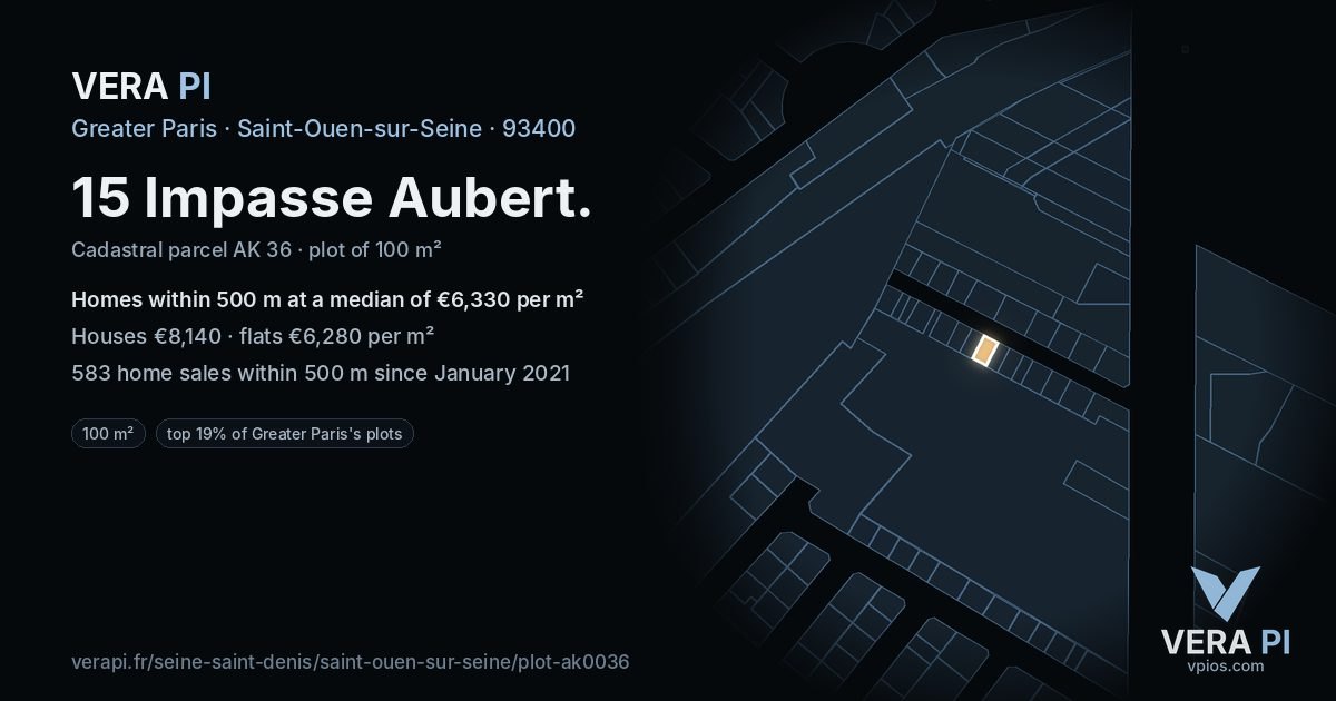 15 Impasse Aubert, Saint-Ouen-sur-Seine at night – the plot lit, the parcels around coloured by the prices near them
