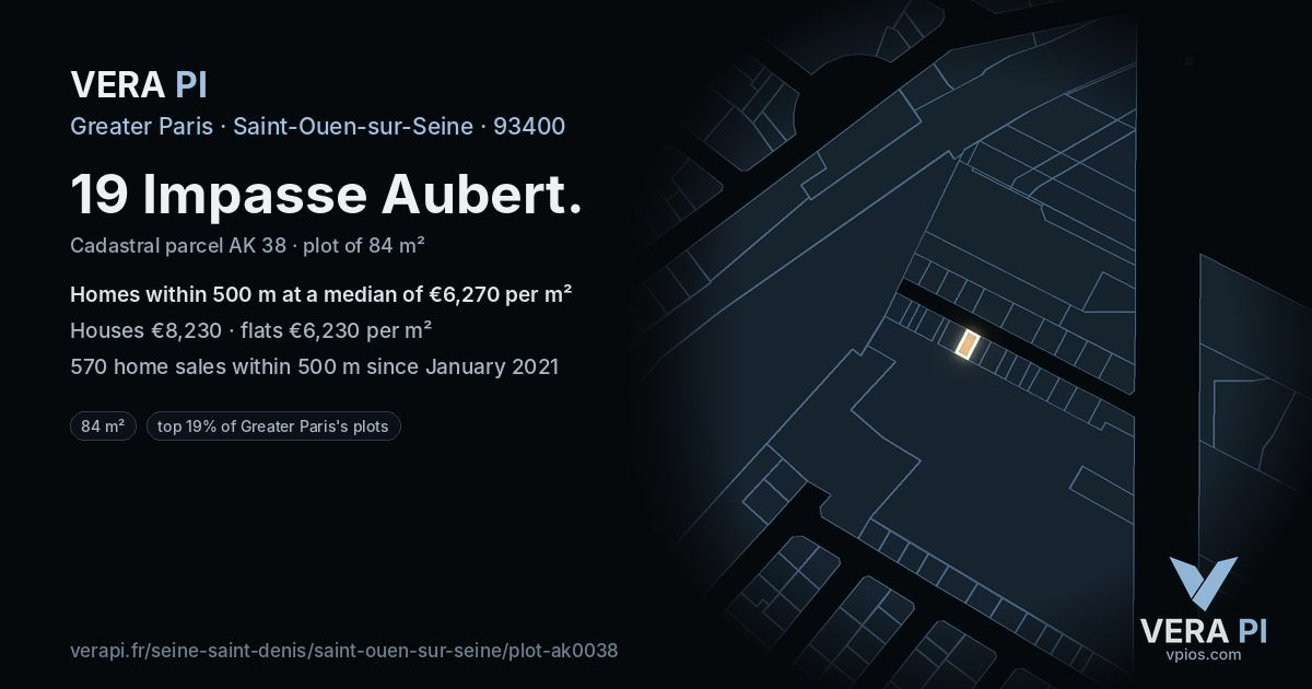 19 Impasse Aubert, Saint-Ouen-sur-Seine at night – the plot lit, the parcels around coloured by the prices near them