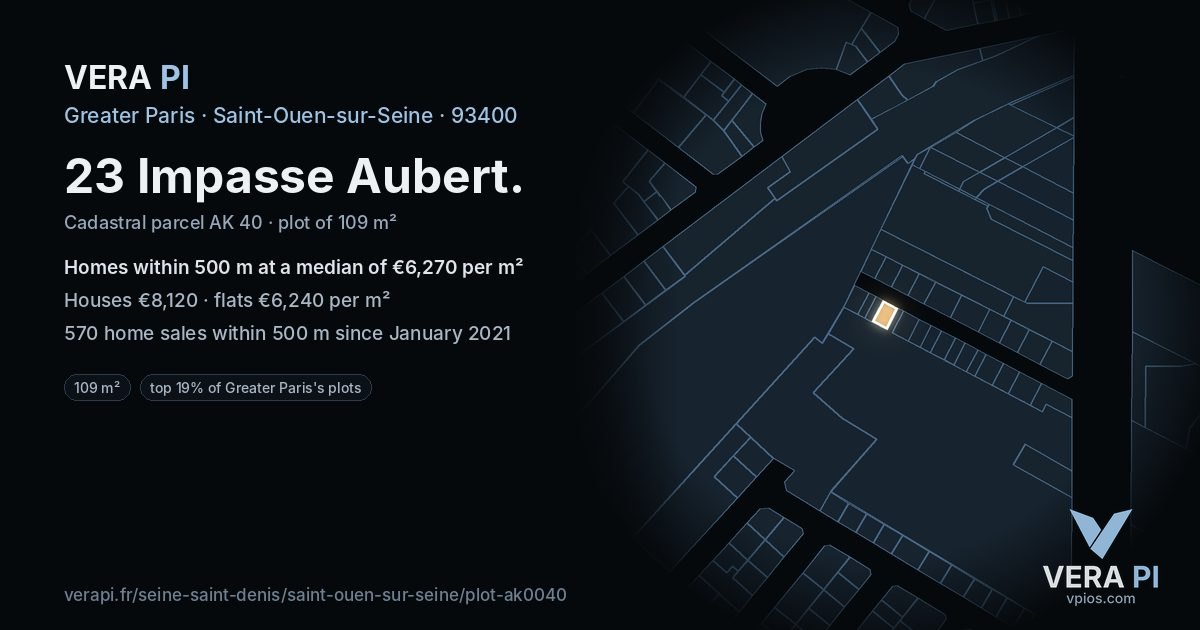 23 Impasse Aubert, Saint-Ouen-sur-Seine at night – the plot lit, the parcels around coloured by the prices near them