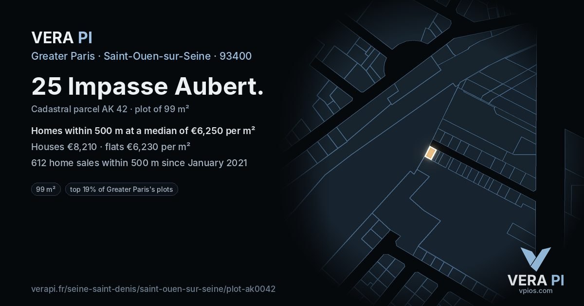 25 Impasse Aubert, Saint-Ouen-sur-Seine at night – the plot lit, the parcels around coloured by the prices near them