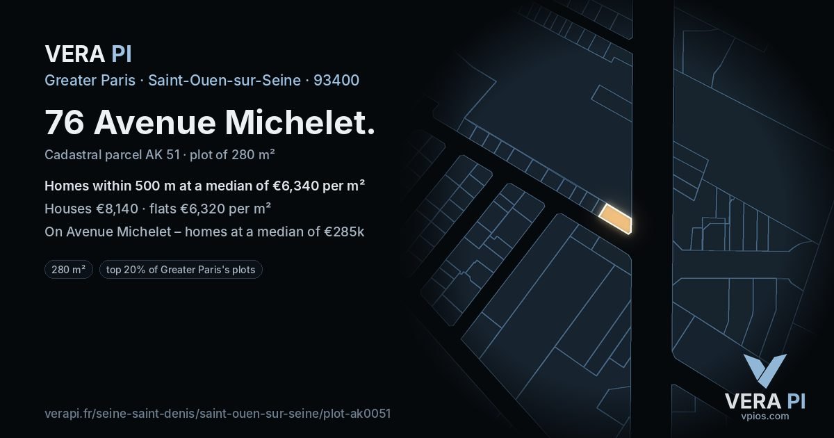 76 Avenue Michelet, Saint-Ouen-sur-Seine at night – the plot lit, the parcels around coloured by the prices near them