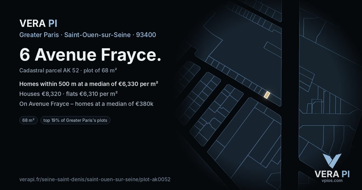 6 Avenue Frayce, Saint-Ouen-sur-Seine at night – the plot lit, the parcels around coloured by the prices near them