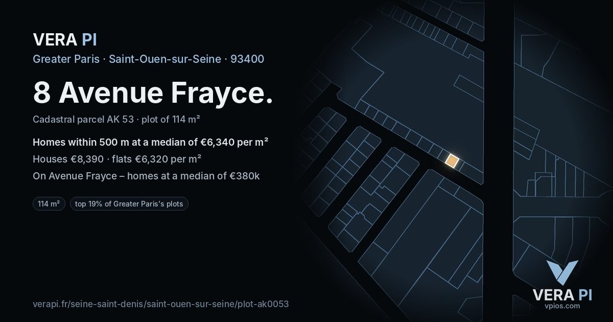 8 Avenue Frayce, Saint-Ouen-sur-Seine at night – the plot lit, the parcels around coloured by the prices near them