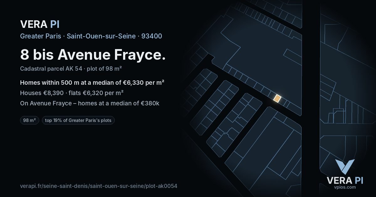 8 bis Avenue Frayce, Saint-Ouen-sur-Seine at night – the plot lit, the parcels around coloured by the prices near them