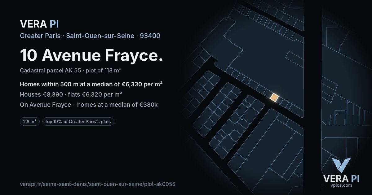 10 Avenue Frayce, Saint-Ouen-sur-Seine at night – the plot lit, the parcels around coloured by the prices near them