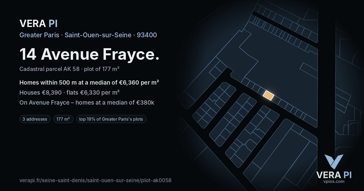 14 Avenue Frayce, Saint-Ouen-sur-Seine at night – the plot lit, the parcels around coloured by the prices near them