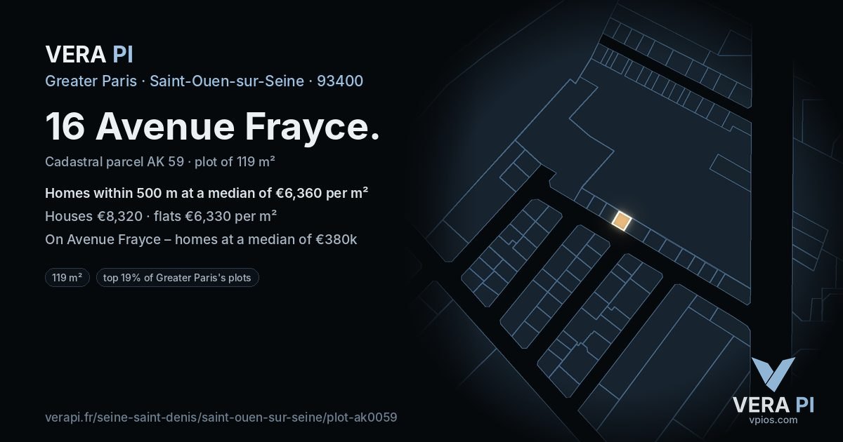 16 Avenue Frayce, Saint-Ouen-sur-Seine at night – the plot lit, the parcels around coloured by the prices near them