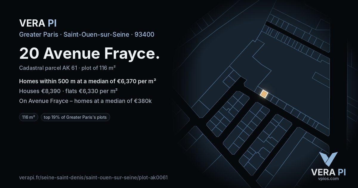20 Avenue Frayce, Saint-Ouen-sur-Seine at night – the plot lit, the parcels around coloured by the prices near them