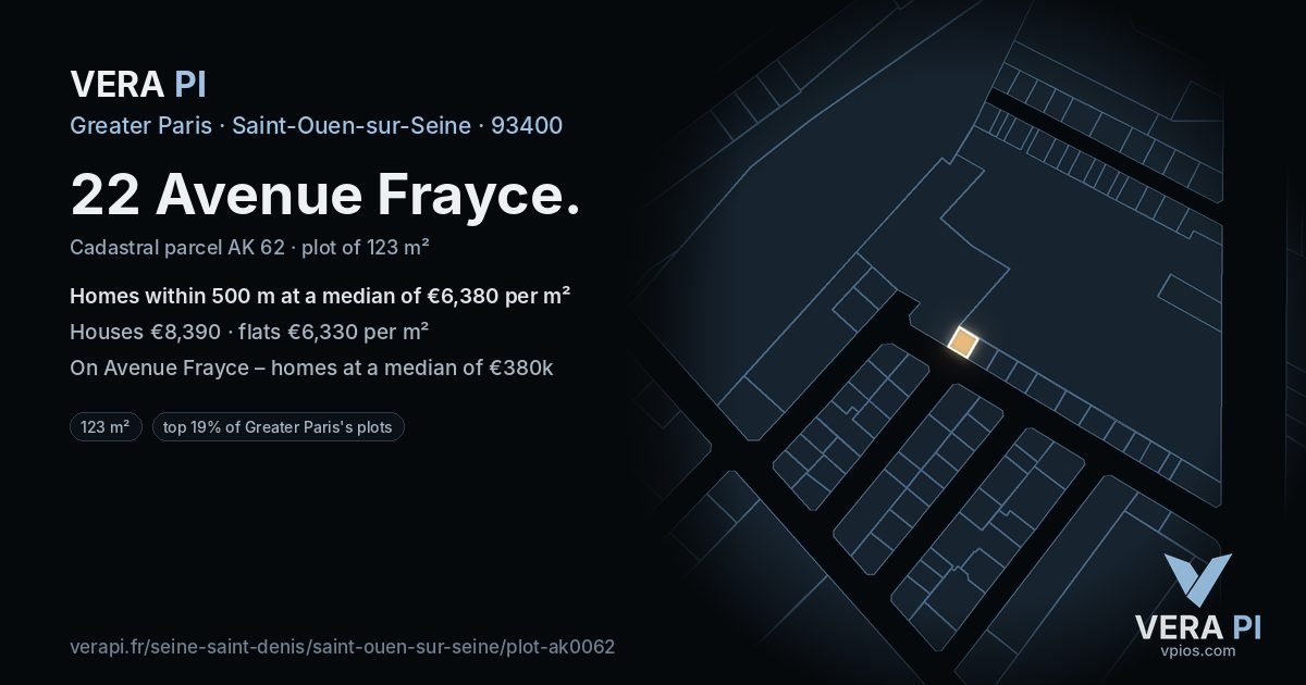 22 Avenue Frayce, Saint-Ouen-sur-Seine at night – the plot lit, the parcels around coloured by the prices near them