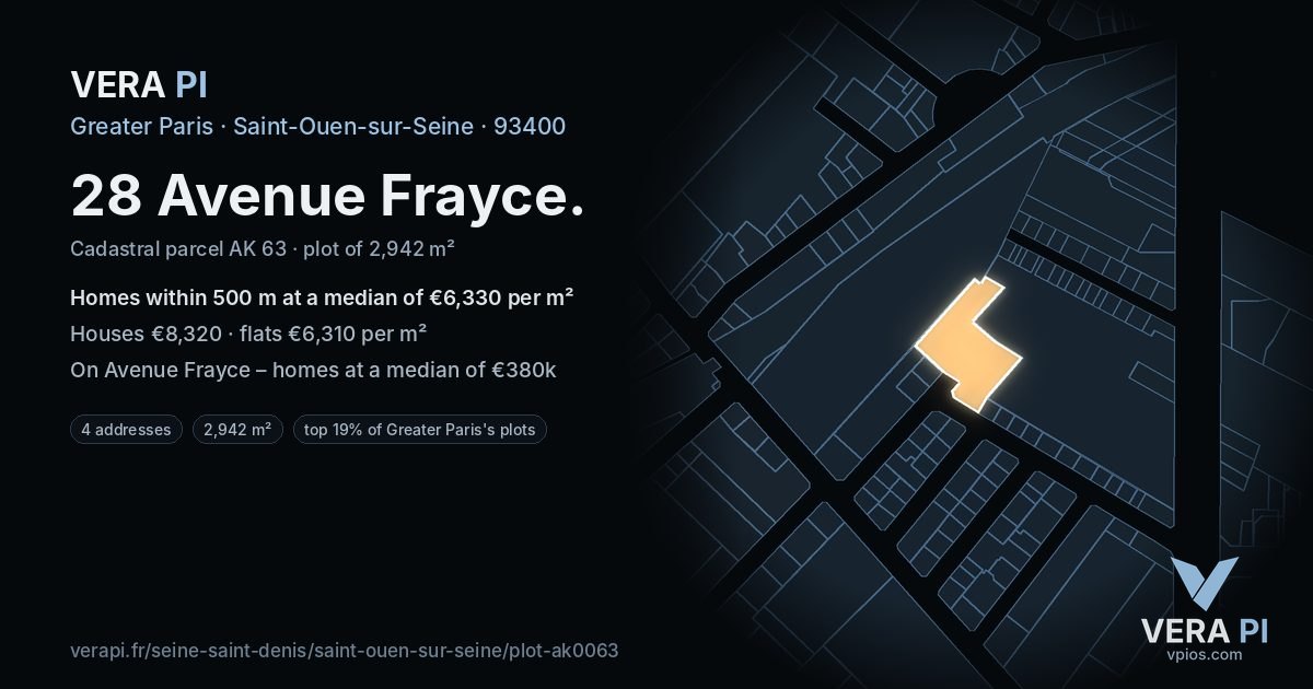 28 Avenue Frayce, Saint-Ouen-sur-Seine at night – the plot lit, the parcels around coloured by the prices near them