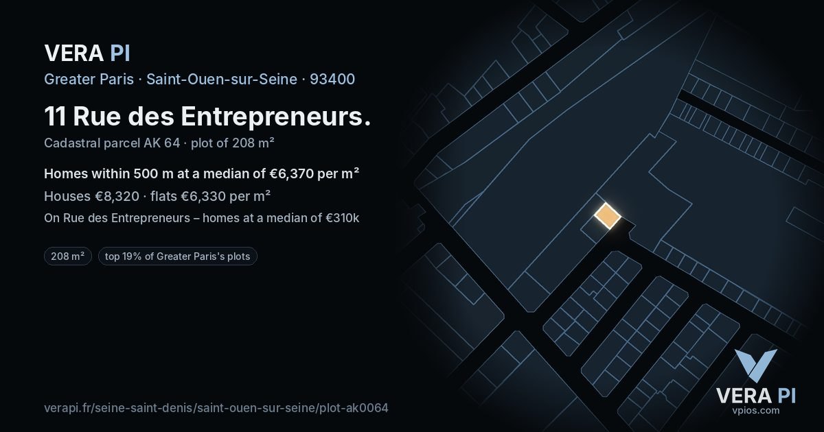 11 Rue des Entrepreneurs, Saint-Ouen-sur-Seine at night – the plot lit, the parcels around coloured by the prices near them