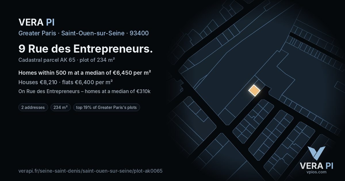 9 Rue des Entrepreneurs, Saint-Ouen-sur-Seine at night – the plot lit, the parcels around coloured by the prices near them