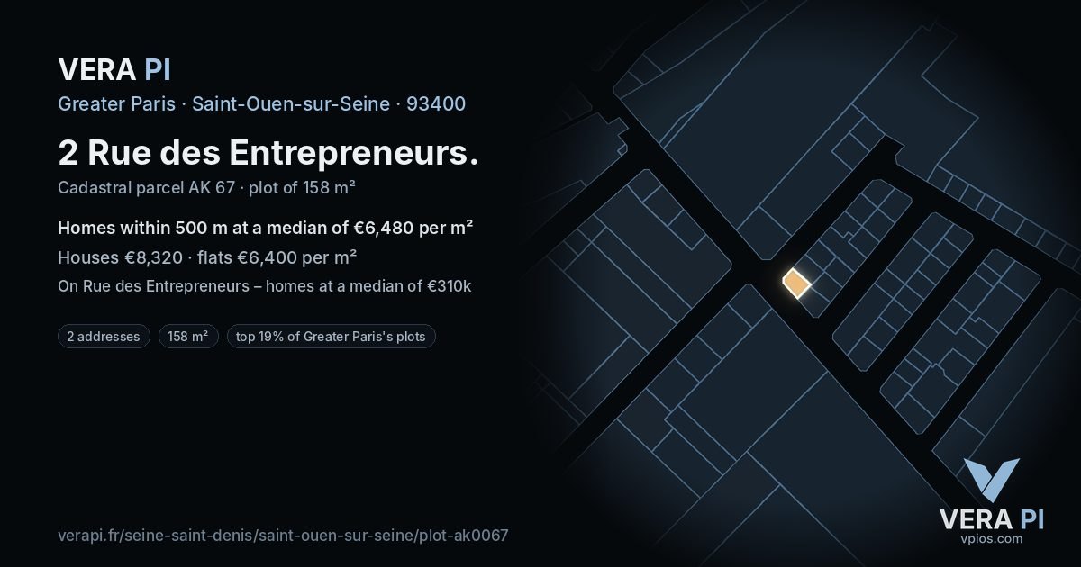 2 Rue des Entrepreneurs, Saint-Ouen-sur-Seine at night – the plot lit, the parcels around coloured by the prices near them