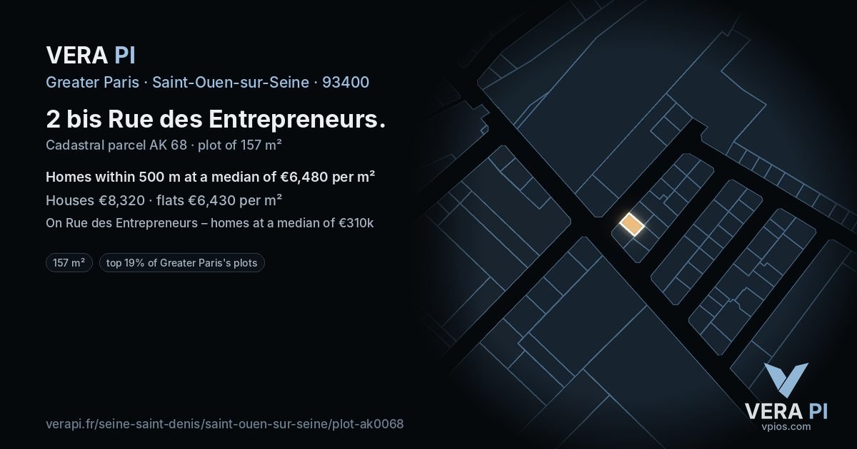 2 bis Rue des Entrepreneurs, Saint-Ouen-sur-Seine at night – the plot lit, the parcels around coloured by the prices near them